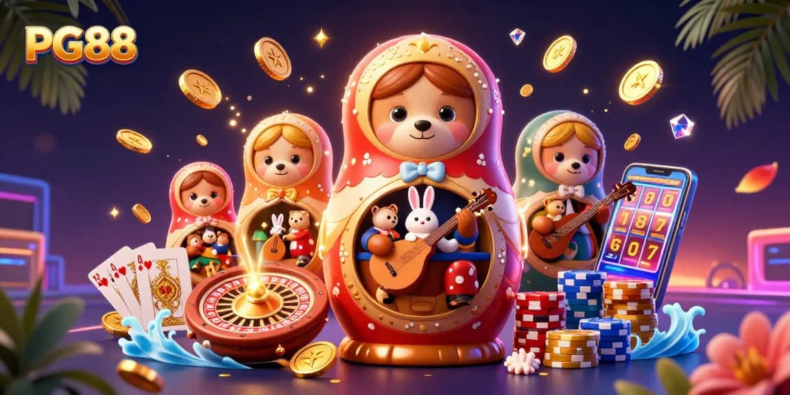 Experience the excitement of PG88 with a vibrant casino illustration featuring a nesting doll bear and playful rabbits.
