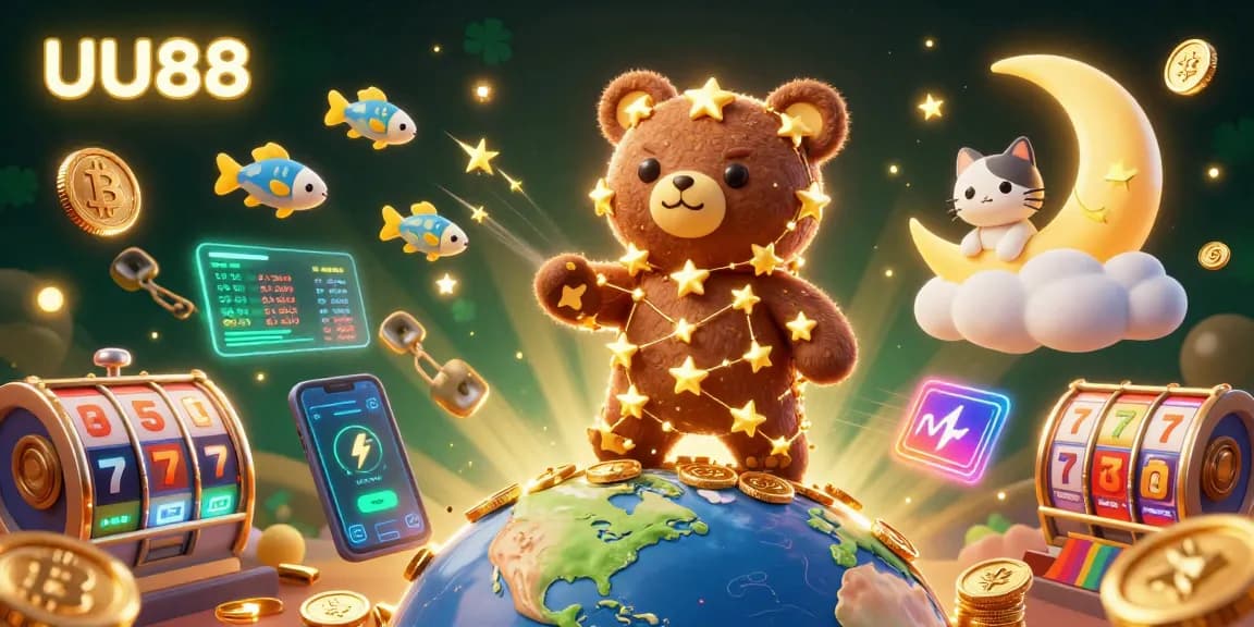 Engage with UU88's exciting jackpot slots while the constellation bear scoops coins in a dynamic 3D scene.