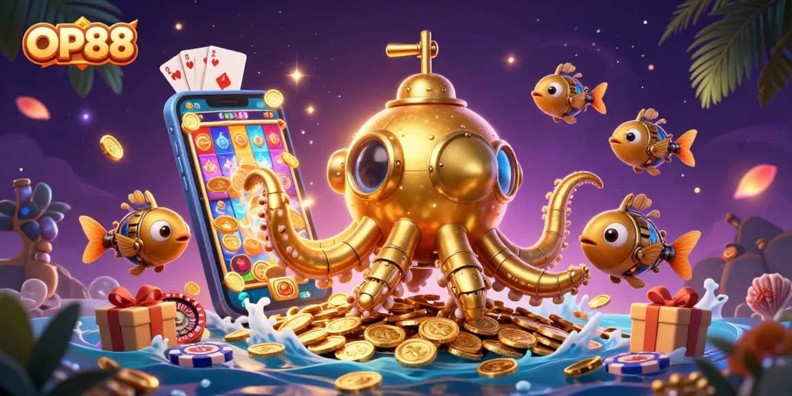 Experience the thrill of OP88 as golden coins and slots explode in a vibrant underwater casino world.