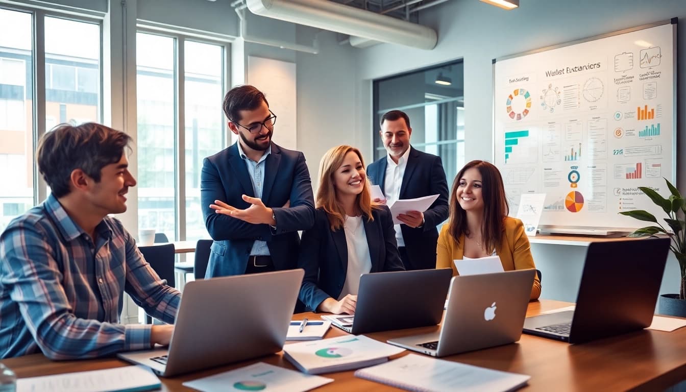 Marketing manager leading a team discussion in a bright office environment.