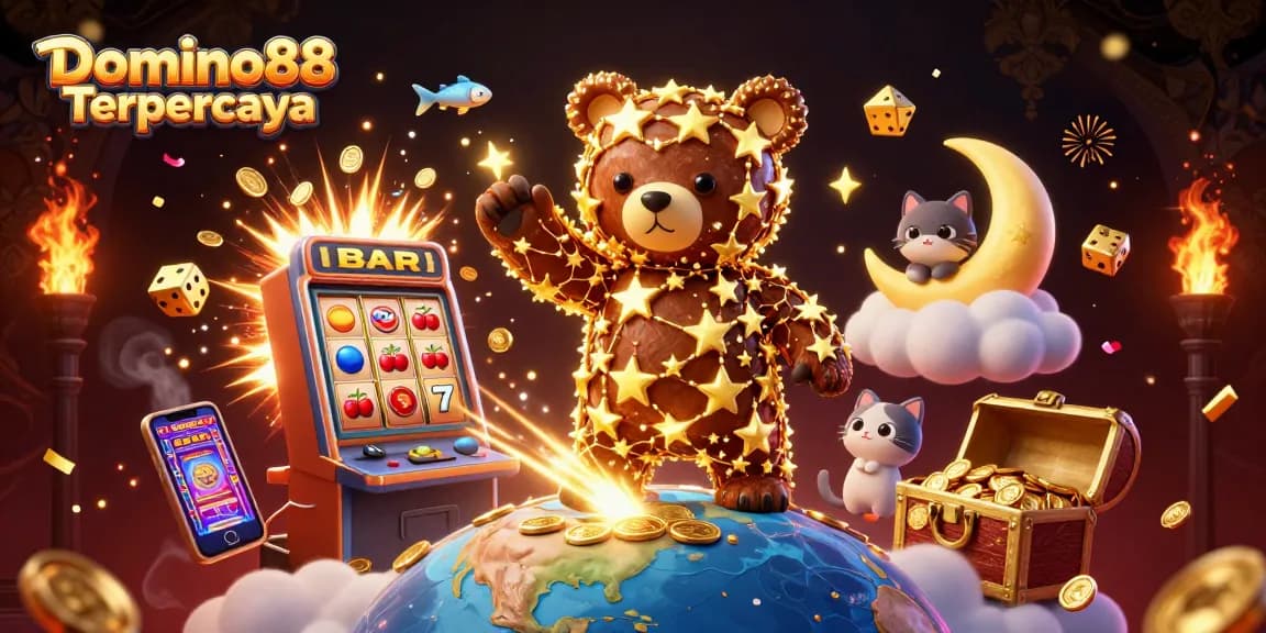 Engage with Domino88 Terpercaya's vibrant slots scene featuring a golden star bear, coins, and jackpot excitement.