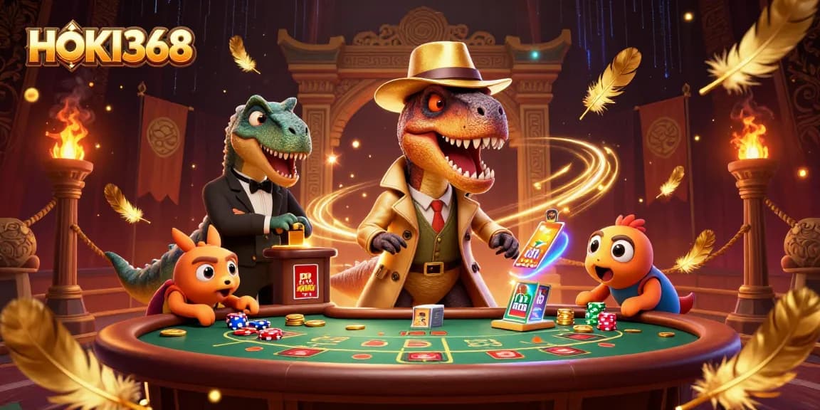 HOKI368 velociraptor card counter at a blackjack table, surrounded by vibrant casino elements.