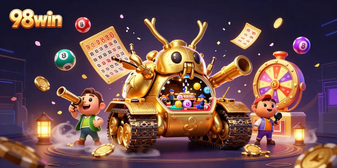 Engage in thrilling games at 98win with festive casino scene and dynamic prizes.