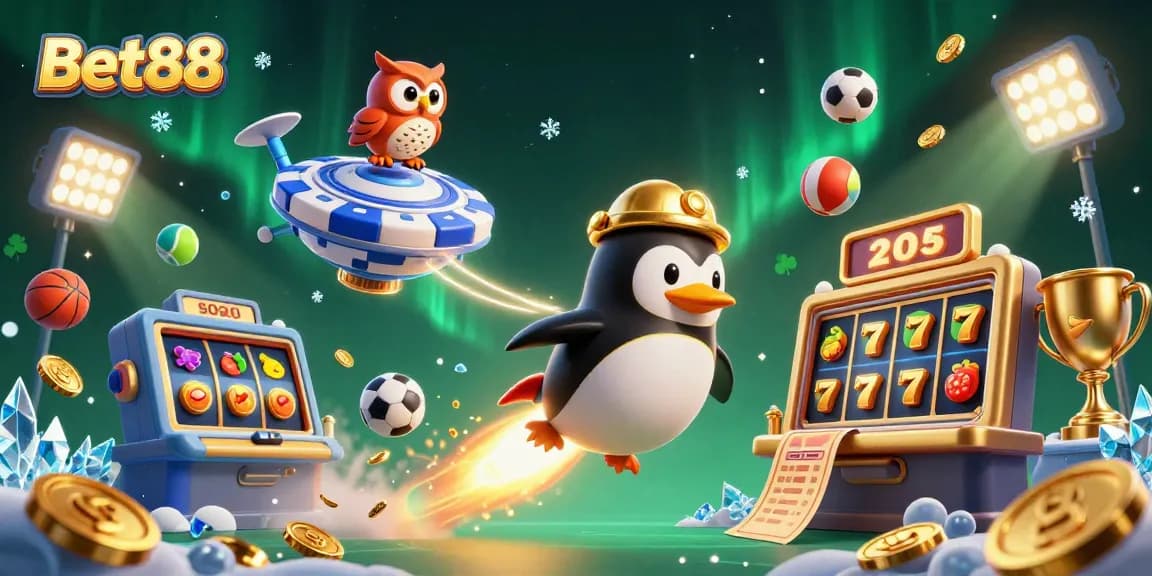 Bet88 features a golden penguin blasting through space towards a poker chip casino surrounded by dynamic gambling elements.