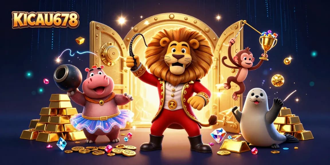 KICAU678 players experience thrilling fun with a circus-themed online casino illustration.