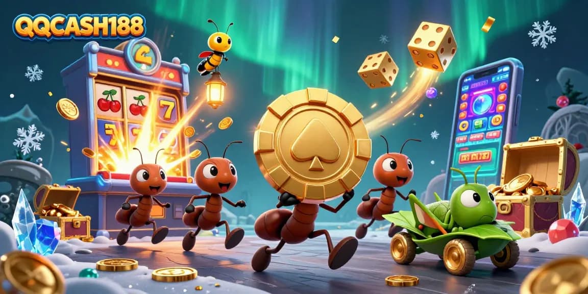 Experience the exciting heist adventure with QQCASH188's golden poker chip amidst thrilling casino elements.
