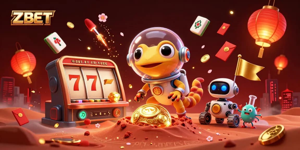 Experience the thrill of ZBET in a vibrant alien casino with spinning slot reels and golden treasures.