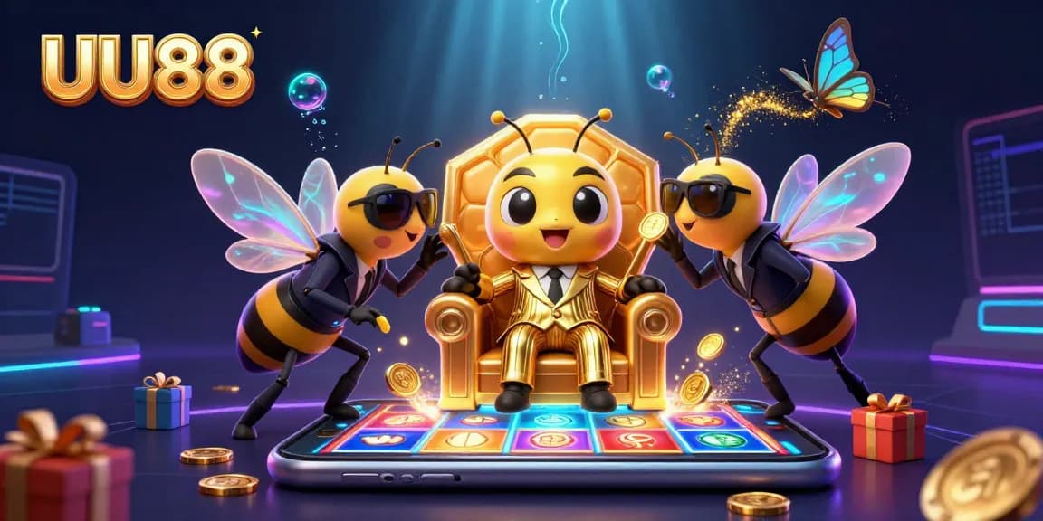 Engage with UU88's vibrant slot games in a dynamic scene featuring whimsical characters and casino elements.