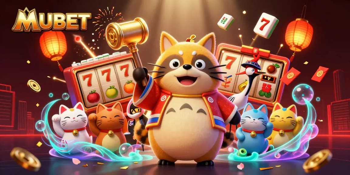 MUBET showcases vibrant casino excitement with cheerful characters, slot reels, and festive elements.