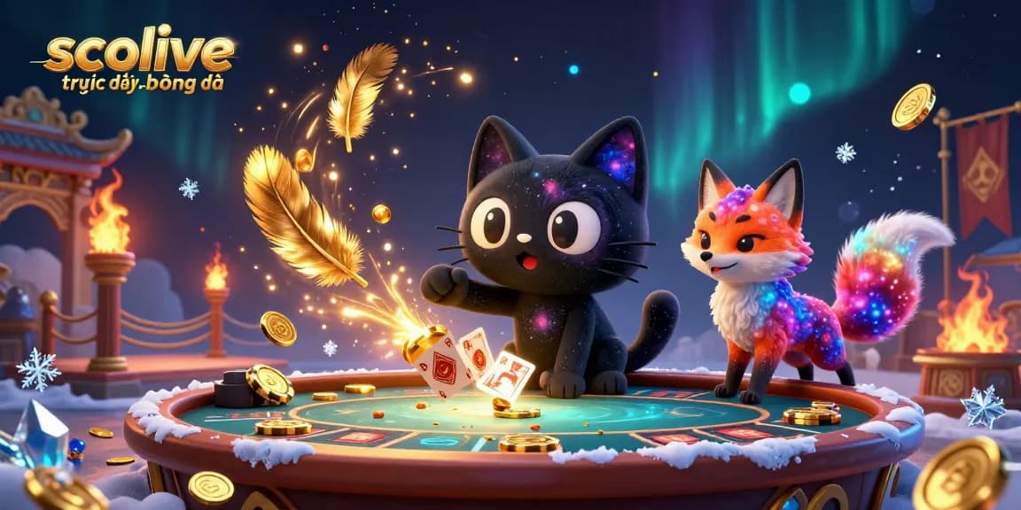 Socolive trực tiếp bóng đá engaging audience with a cosmic casino scene featuring a black hole cat and nebula fox.