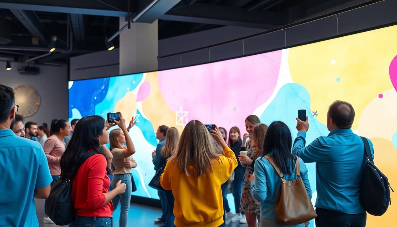 Visitors engaging with an interactive photo wall, capturing memories and creativity.