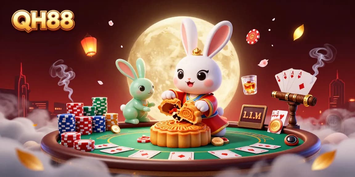 Engage in thrilling casino gaming action with QH88's vibrant illustration featuring moon rabbits and poker chips.