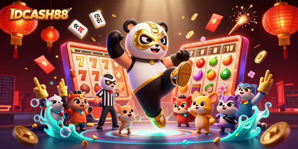 Engage with IDCASH88's vibrant casino scene featuring fun characters and exciting slot elements.