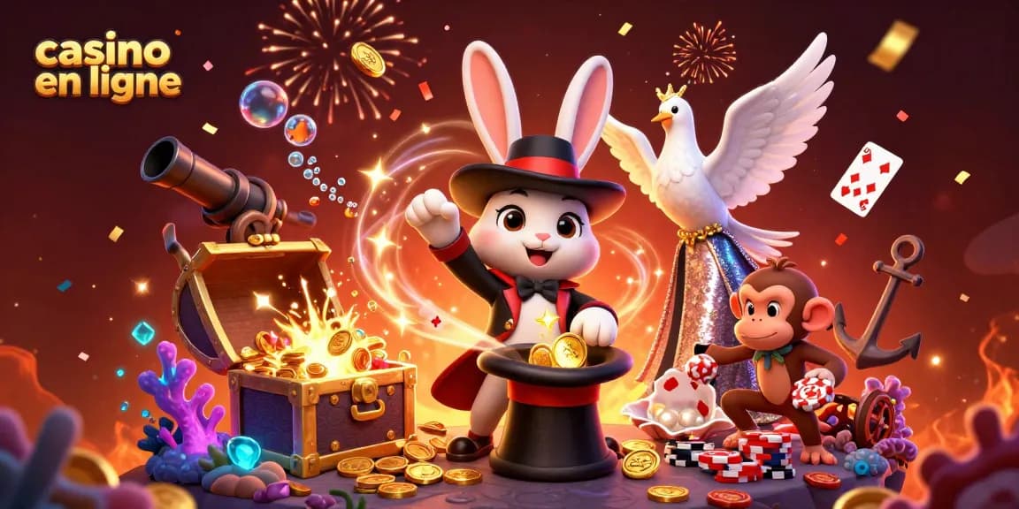 Plongez dans l'univers magique du casino en ligne avec un lapin magicien, une colombe glamour et un singe rusé, entourés de trésors