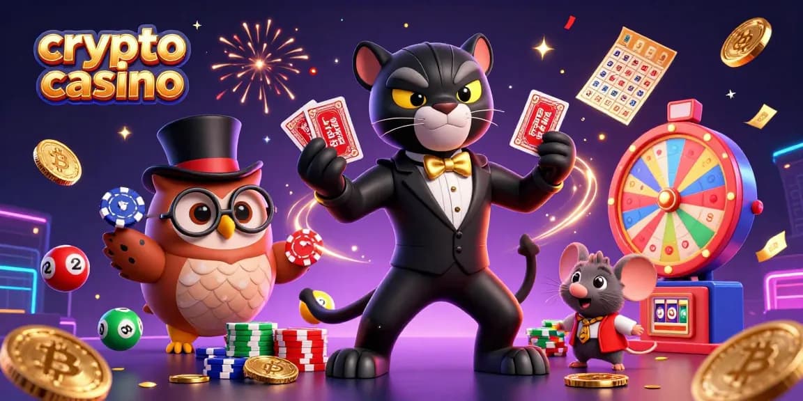 Jouer dans un crypto casino avec une panthère élégante, un hibou et une souris chanceuse entourés de pièces et de balles colorées
