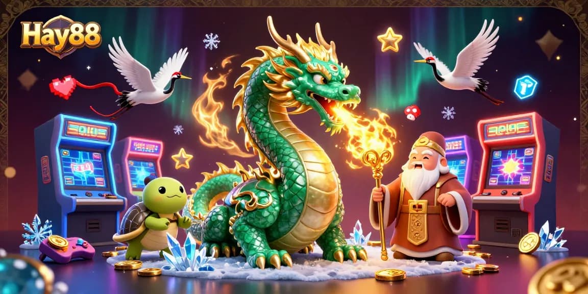 Experience thrilling gameplay at Hay88 with a dynamic 3D casino illustration featuring a jade dragon and arcade games.