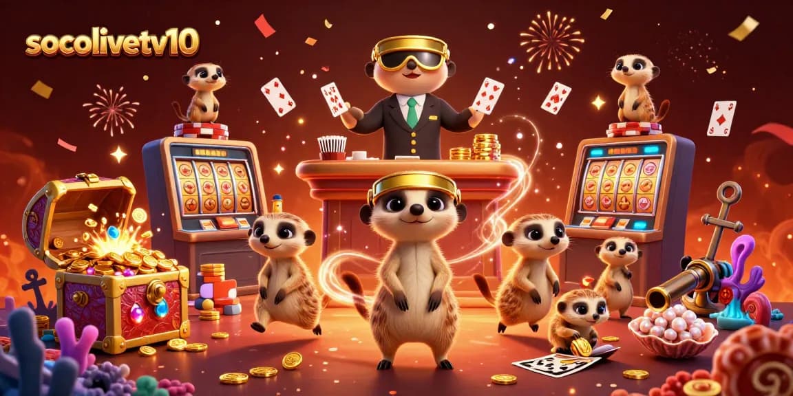socolivetv10 showcases a vibrant gaming scene with meerkats leading a dynamic casino adventure amidst slot reels, gold coins, and festive confetti.