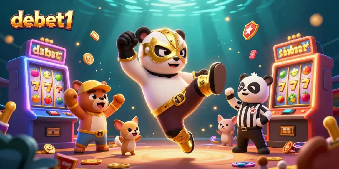 Engage with exciting slots at debet1 with a wrestler panda in action surrounded by cheering spectators.