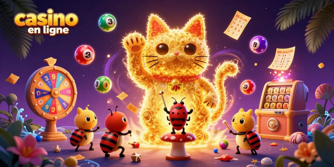 Illustration dynamique casino en ligne avec des lucioles dorées et des éléments de jeu