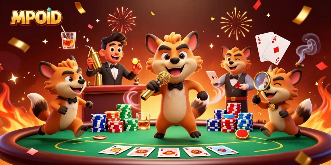 Experience the vibrant casino scene with MPOID and lively hyenas delivering entertainment and drinks.