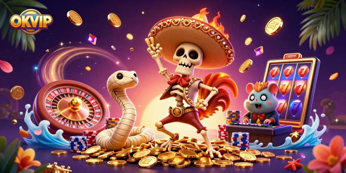 OKVIP illustrates a winning moment with a skeleton mariachi rooster celebrating amid floating coins and a colorful casino vibe.