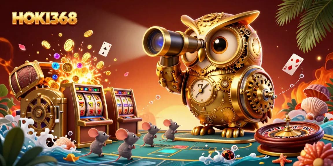 Experience the thrill of HOKI368 with vibrant visuals of a 3D golden owl and lively casino scene.