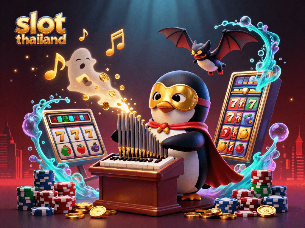 Engaging slot thailand scene featuring a penguin playing an organ releasing golden coins amidst vibrant casino elements.