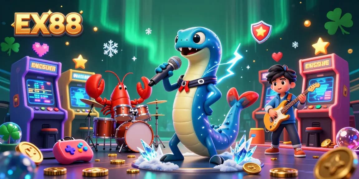 Win big with EX88 as the electric eel DJ entertains in a vibrant underwater casino scene filled with games.