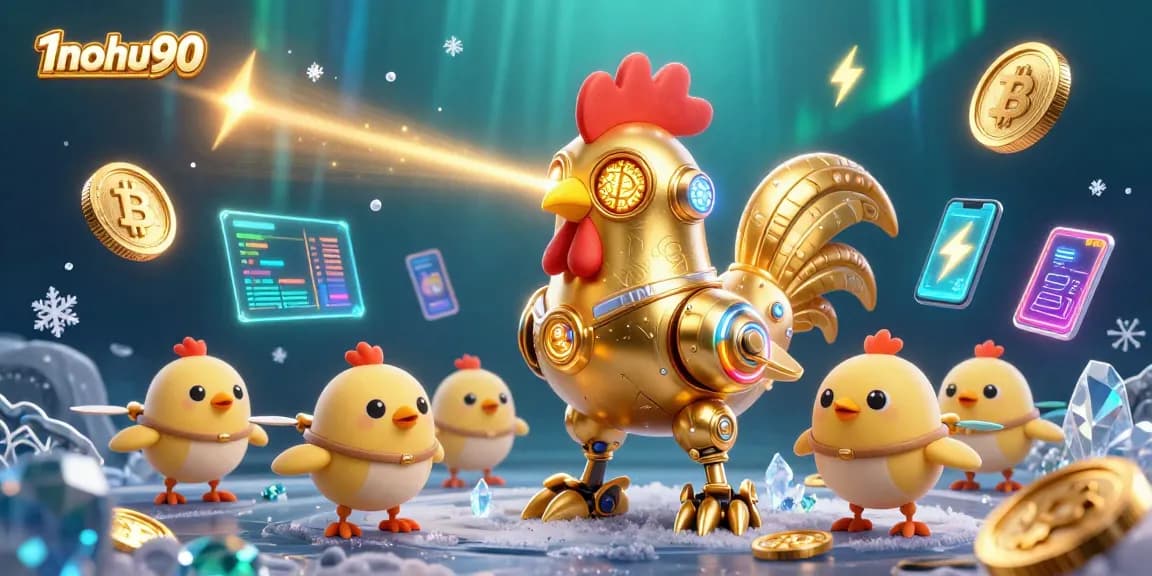Experience the thrill of winning with 1nohu90's vibrant golden rooster robot showcasing colorful crypto gaming elements.