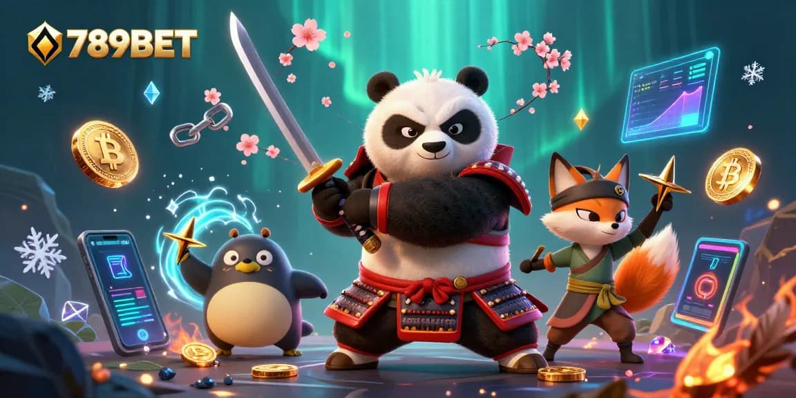 Engage with 789BET's vibrant gaming world through an epic scene featuring mascots and crypto elements.