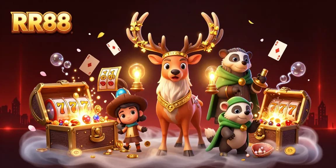 Spin for rewards at RR88, featuring a druid stag, badger, and enchanting slot games in this mystical casino scene.