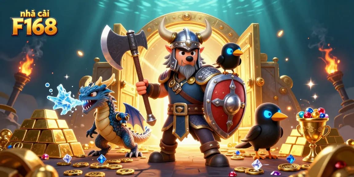 Engage in thrilling betting with nhà cái F168 as Viking warrior and ice dragon explore treasures.