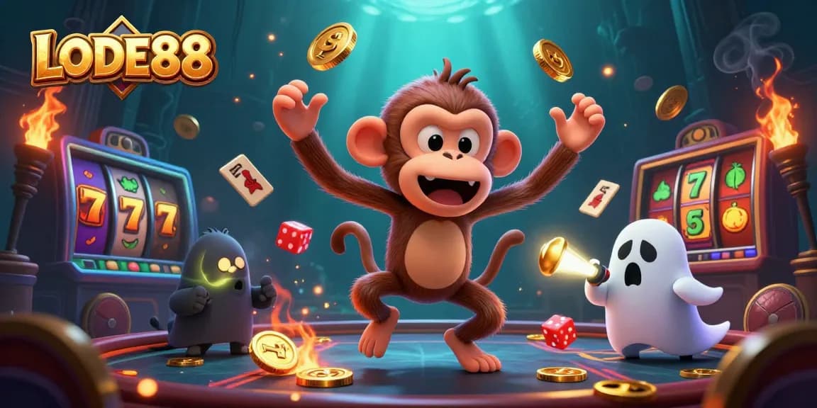 Experience LODE88's thrilling slot action with an animated ghost and puppy in a haunted casino.