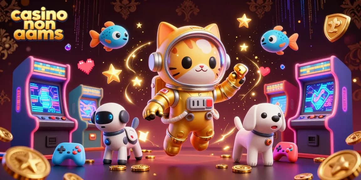 Gatto astronauta e cane robot che si divertono a giocare nei casino non AAMS in un vivace mondo 3D.