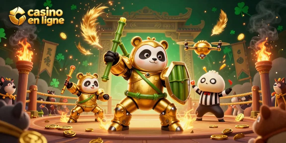 Visuel dynamique de casino en ligne avec un panda doré en armure, célébrant le jeu et l'excitation.