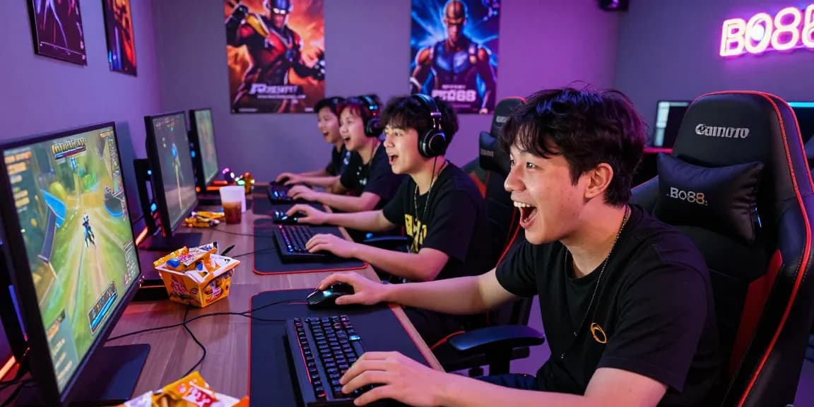 Gamers enjoying Bo88 game bài đổi thưởng in a vibrant gaming room with dynamic visuals and RGB lighting.