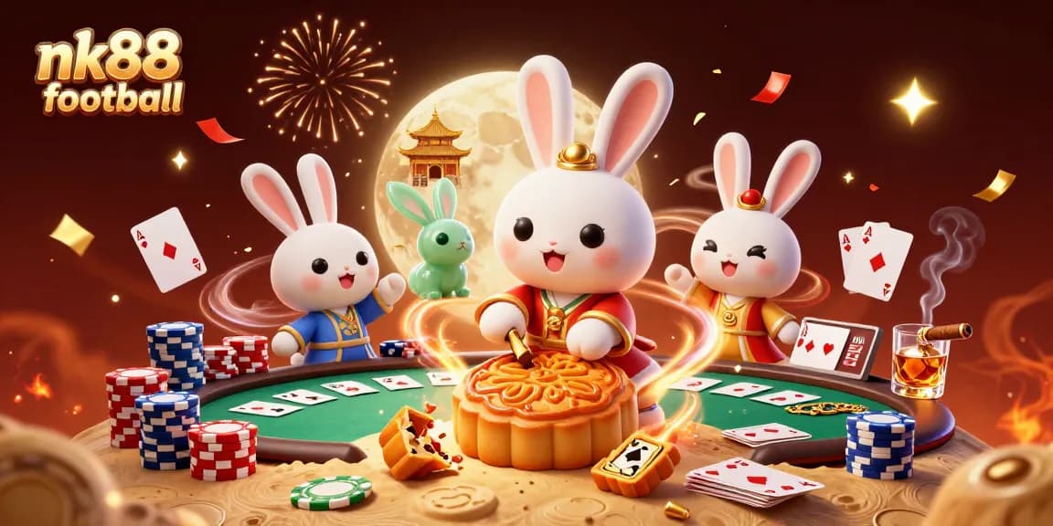 Experience thrilling action with nk88 football’s vibrant 3D illustration of a moon rabbit at a poker table.