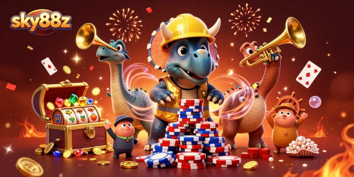 Engage with sky88z's vibrant casino scene featuring innovative characters celebrating with poker chip pyramids.