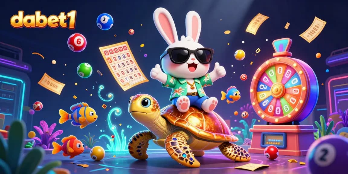 dabet1 lucky rabbit celebrates on a golden turtle surrounded by vibrant lottery elements