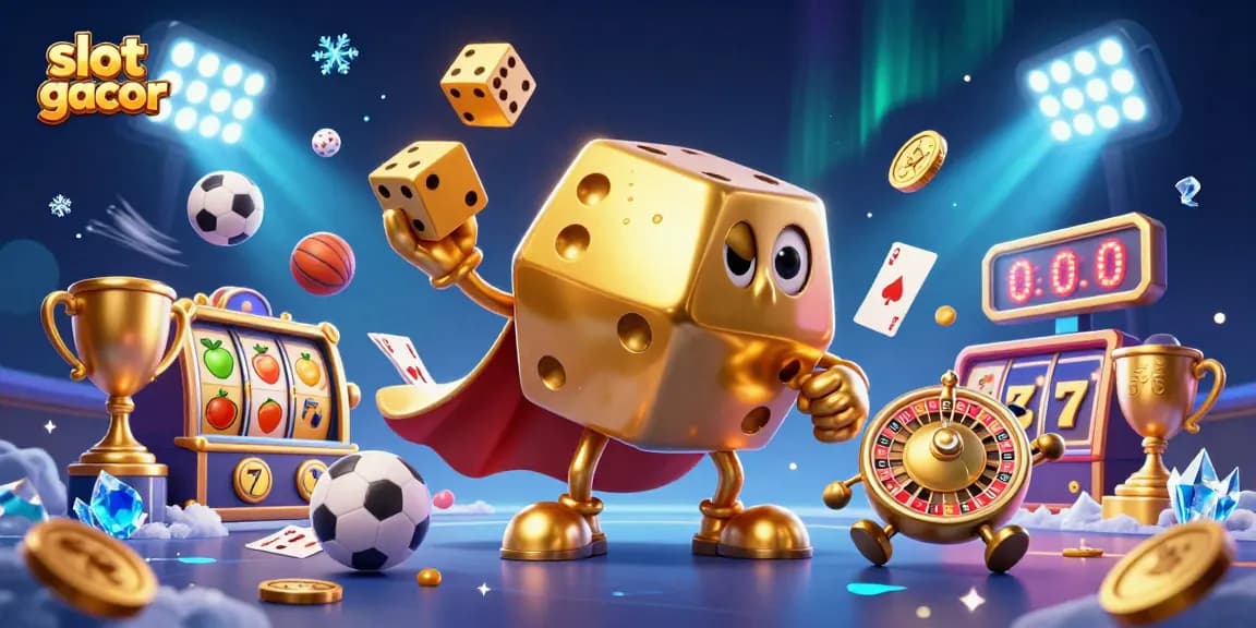 Spin to win with slot gacor, featuring vibrant golden dice golem and dynamic casino elements.