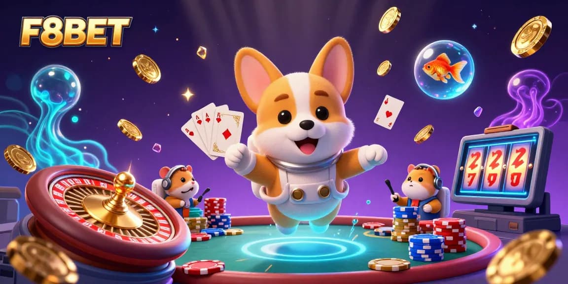 Experience the thrill of F8BET in a vibrant space casino with floating treasures and engaging characters.