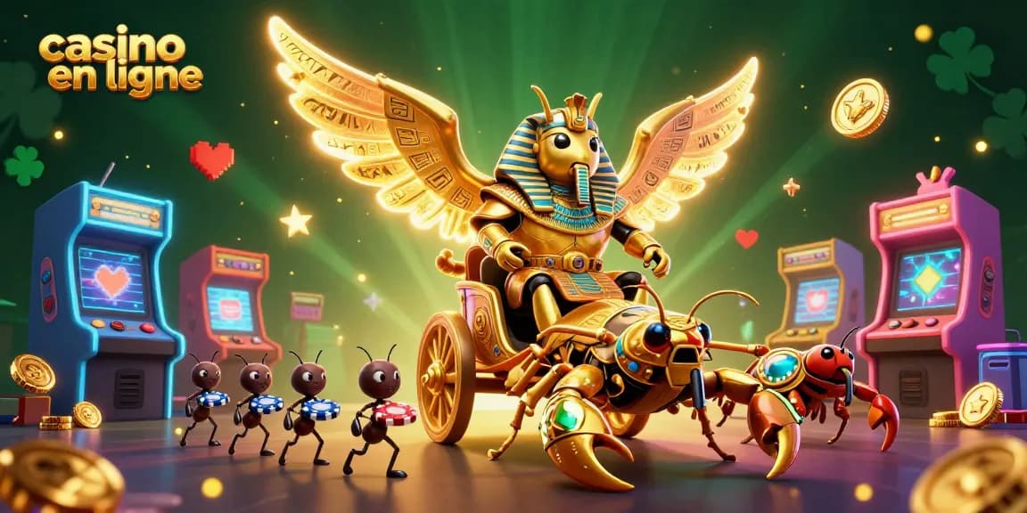 Célébrez l'excitation du casino en ligne avec cette illustration dynamique réunissant des personnages et des éléments ludiques.