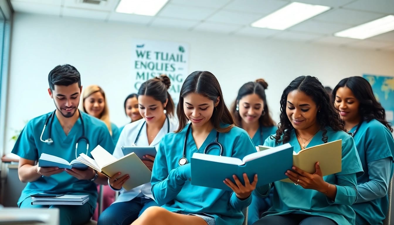 Students studying at an NCLEX review center Houston TX, showcasing collaborative learning in a modern environment.
