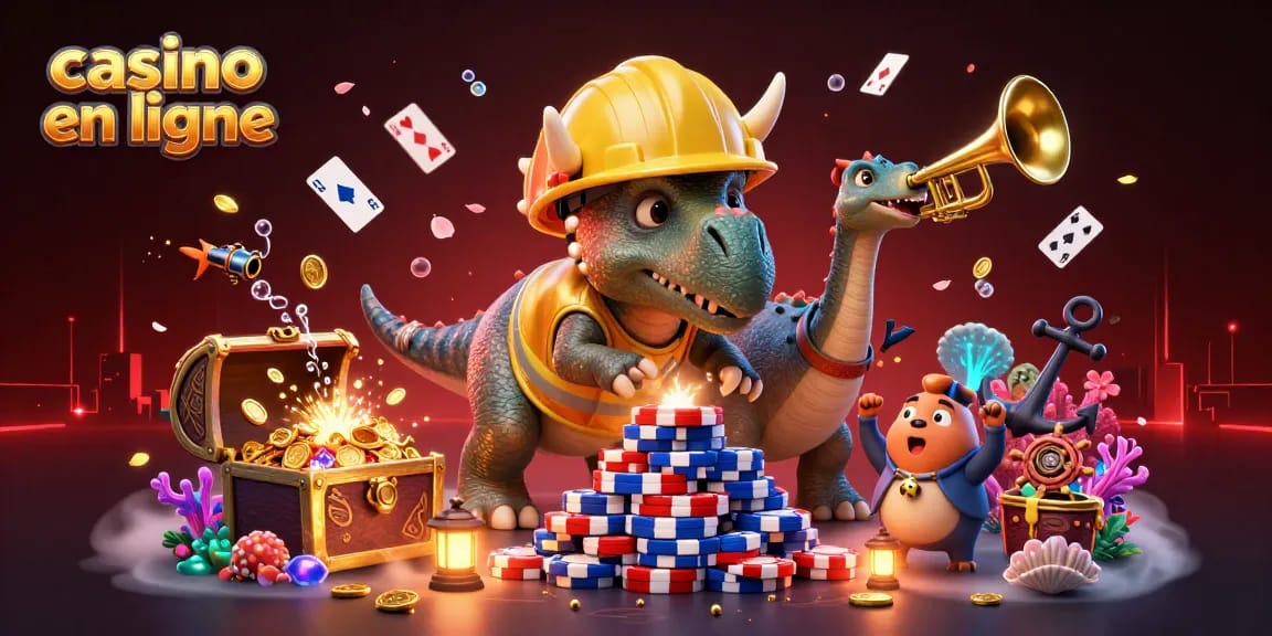 Profitez d'une scène dynamique de casino en ligne avec un dinosaure et des éléments d'aventure sous-marine.
