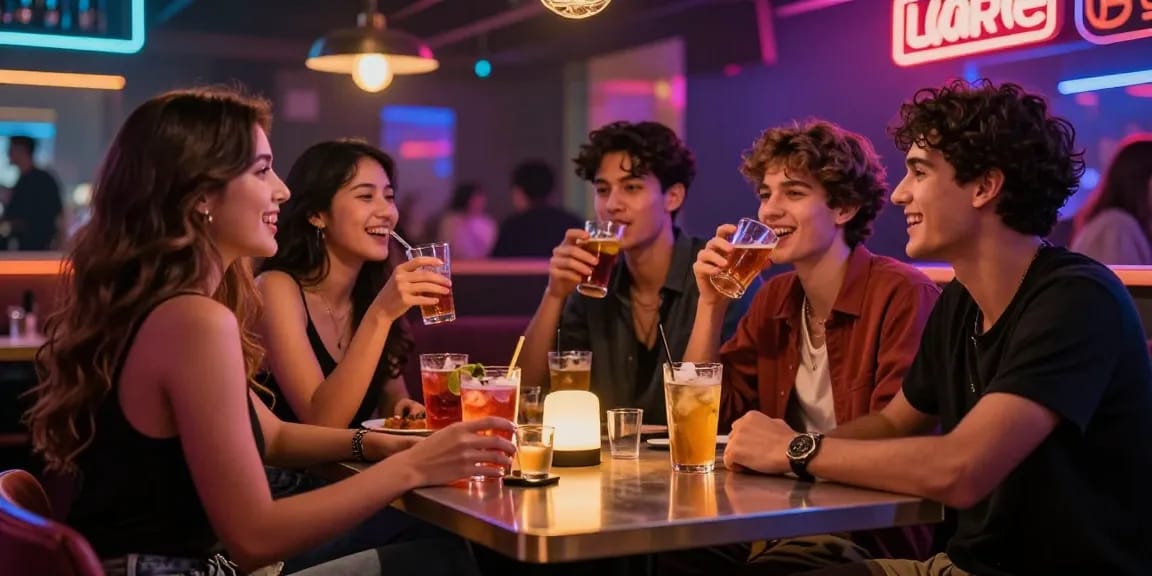 Enjoying drinks at a lively 유흥사이트 with friends in a vibrant nightlife setting.