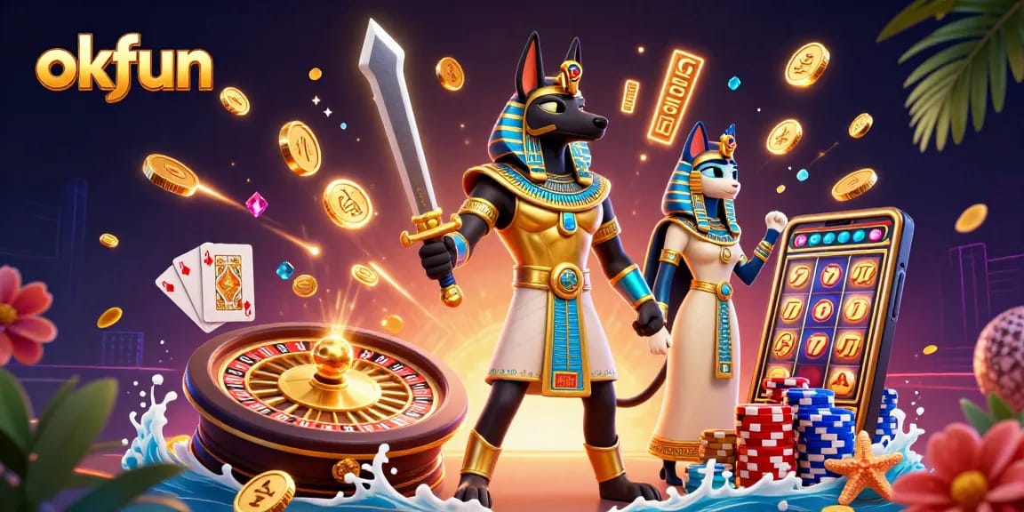 Experience the thrill of okfun with Anubis and Bastet in a dynamic casino scene.