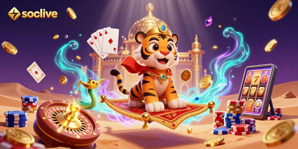 Socolive engaging casino experience with an Arabian-themed sultan on a magic carpet surrounded by golden coins and casino elements.