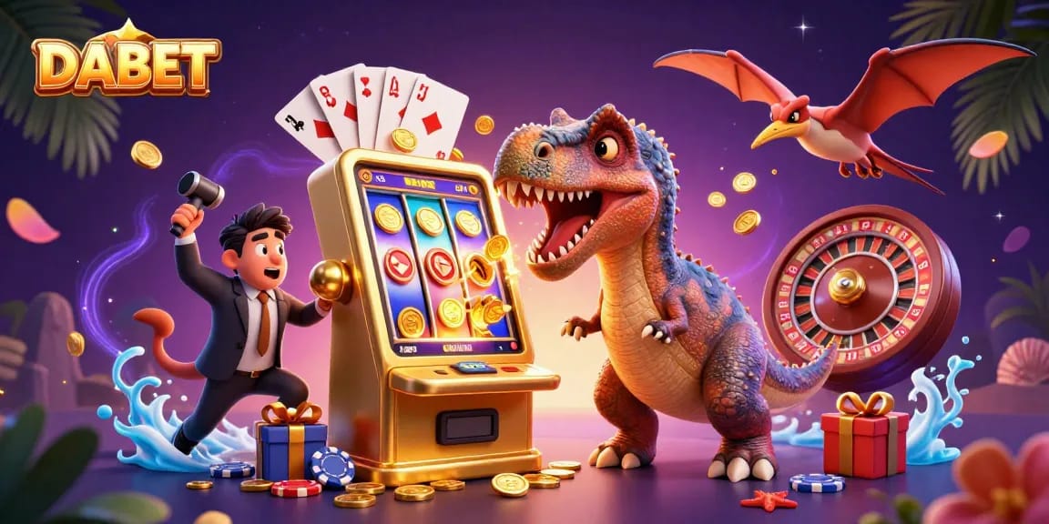DABET sparks excitement with a cartoon dinosaur winning jackpots, showcasing vibrant casino action.