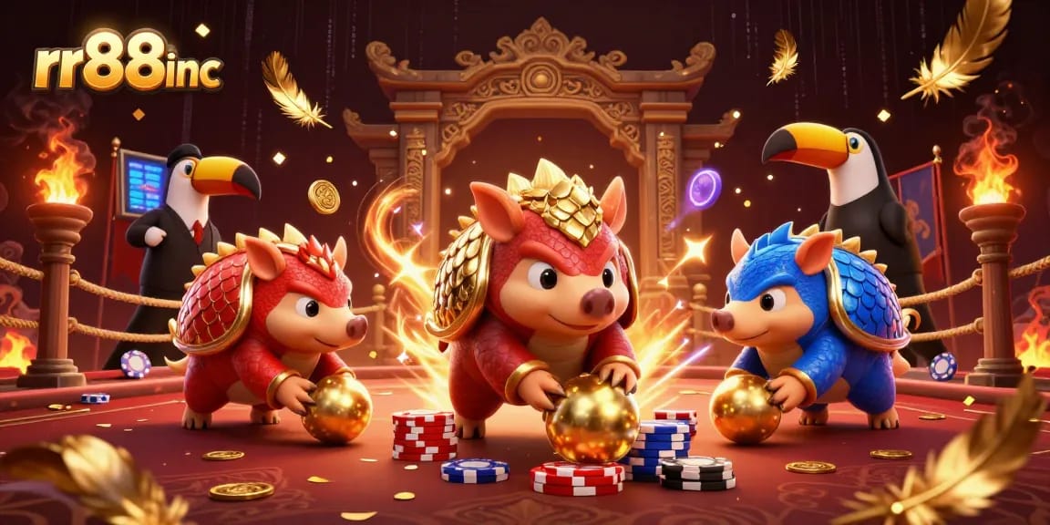 Engage in thrilling gameplay at rr88inc with rival pangolins bowling poker chips in an epic 3D casino scene.