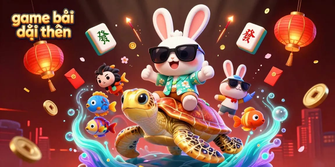 Engage with game bài đổi thưởng featuring a lucky rabbit and golden turtle in a vibrant casino scene.